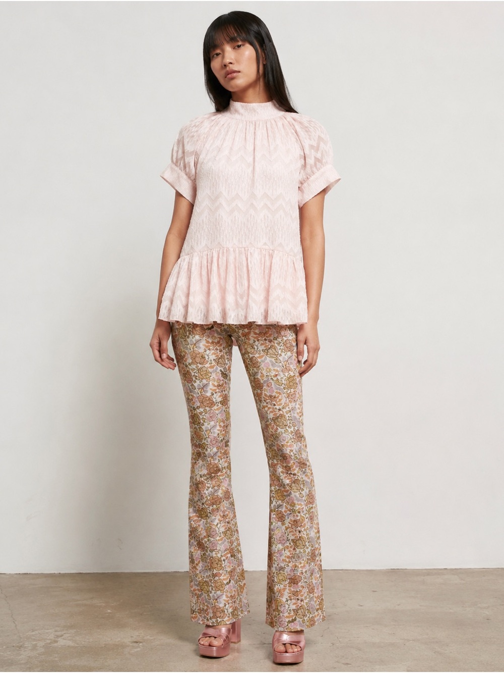Opening Ceremony drop ruffle mock neck jacquard peplum top blouse pink salt XS